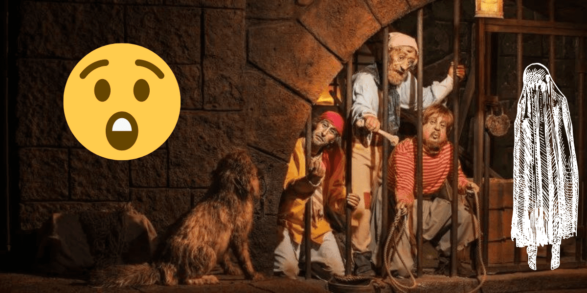 Pirate animatronics bribing an animatronic dog to give them a key to their jail cell. A shocked emoji next to a ghost emoji.