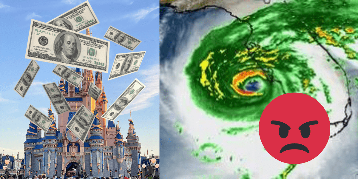 Dollar bills flying around Cinderella Castle. A projection of Hurricane Ian hitting FL with an angry emoji over it.