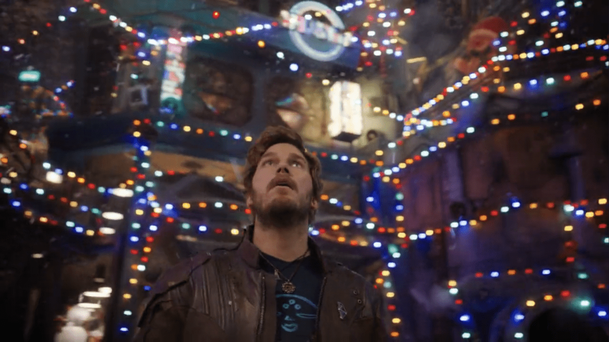 Star-lord surrounded by christmas lights on the guardians of the galaxy holiday special