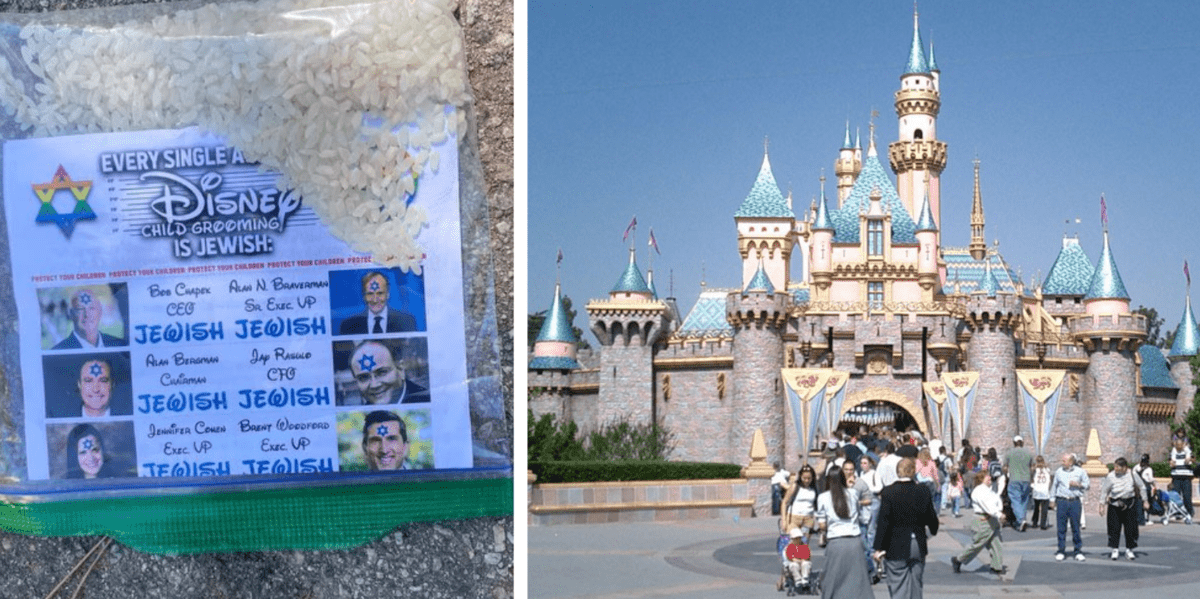 Left: Propoganda accusing all disney executives of being Jewish. Right: Disneyland's Castle on a sunny day.