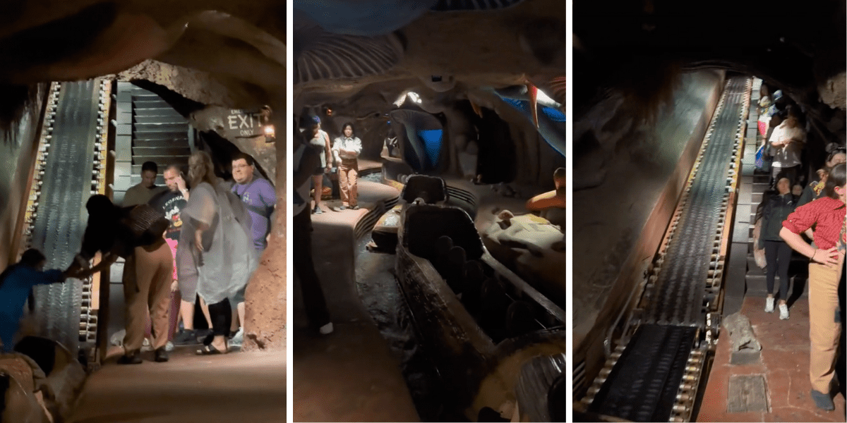 Three screenshots from a video of a Splash Mountain evacuation. A Cast Member grabs a Guest's hand to help them off, a shot of the empty boats in the ride, a shot of people climbing the stairs out of the ride.