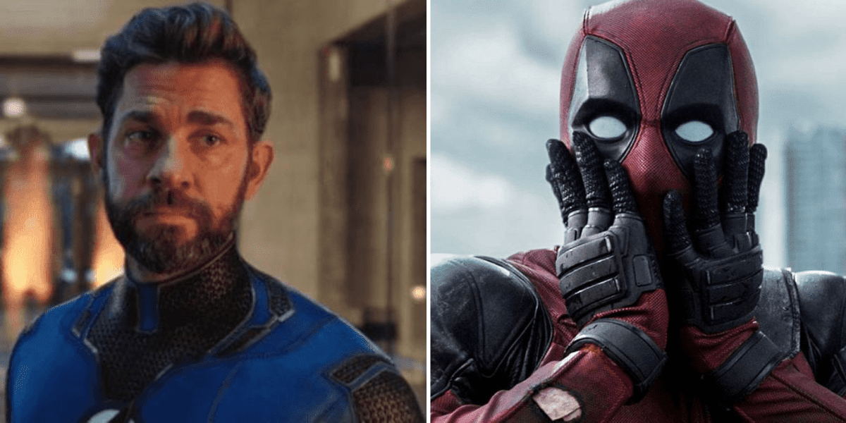 John Krasinski as Mr. Fantastic. Deadpool putting his hands to his face in surprise.