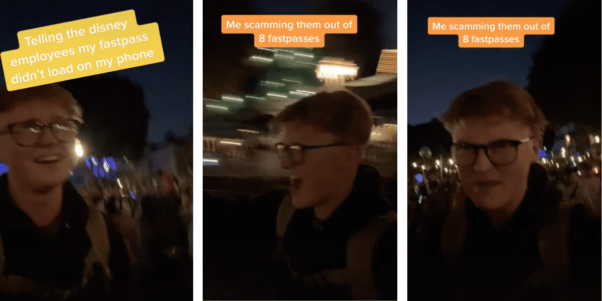 Holden in three different screenshots, walking thorugh Disneyland in the dark.