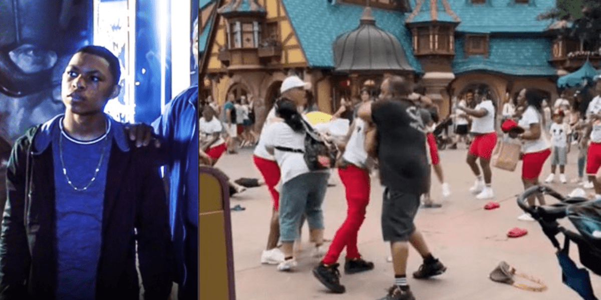 Left: Elijah Richardson in Falcon and the Winter Soldier. Right: A still image from a video of the brawl at Magic kingdom.