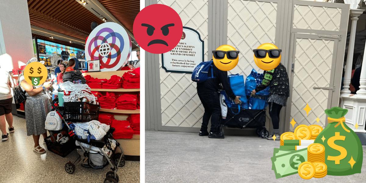 Resellers loading up wagons at EPCOT and Disneyland Paris. An angry emoji, a dollar sign emoji.