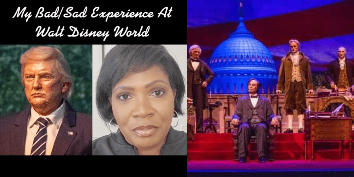 Left: A screenshot from a TikTok - a woman smiles at the camera next to the logo for Walt Disney World's 50th Anniversary with text that says "my bad/sad experience at disney world." Right: A still image from the Hall of Presidents, featuring Abraham Lincoln sitting center stage.