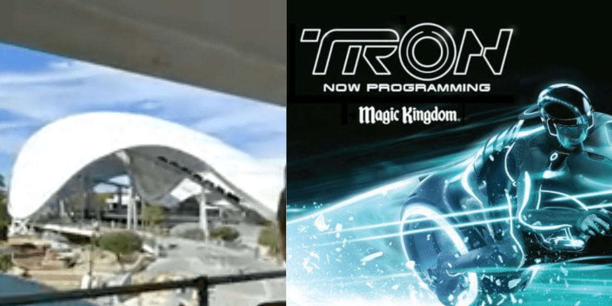 Left: A blurry photo of the Tron coaster testing from the PeopleMover. Right: A poster advertising TRON "Now Programming."