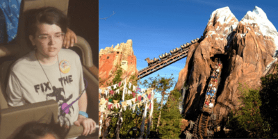 Left: Guest with a straight face sitting on Expedition Everest wearing a "FIX THE YETI" shirt. Right: Stock photo of the exterior mountain on expedition everest.