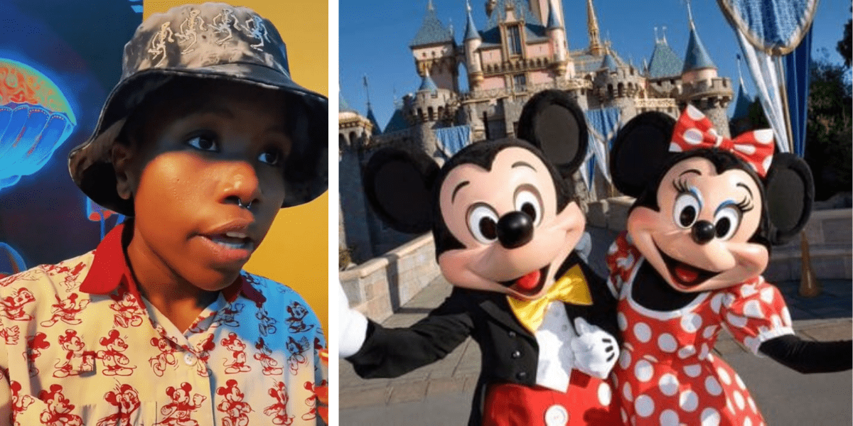 Left: A Cast Member in a tie dye skeleton buckey hat and a red & white Mickey Mouse Button up, talking into the camera. Right: Minnie and Mickey Mouse posing in front of Sleeping Beauty Castle.