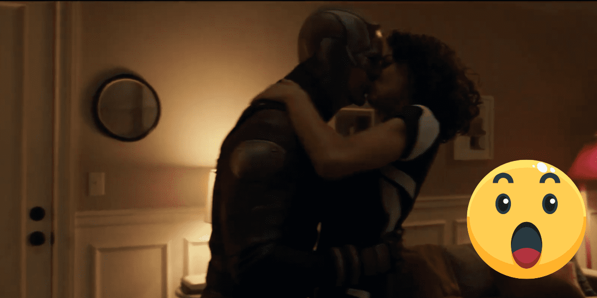 Matt Murdock in his Daredevil outfit, kisses Jennifer Walters. A wow emoji is added over the photo.