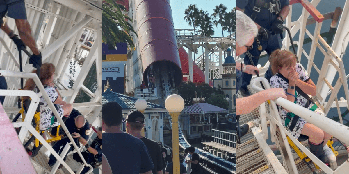 A guest evacuated in a chair down the long tube of Incredicoaster.