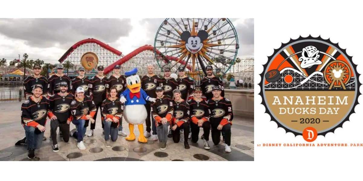 Anaheim Ducks players with Donald Duck at California Adventure