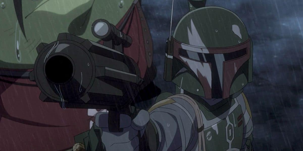 Boba Fett pointing his blaster