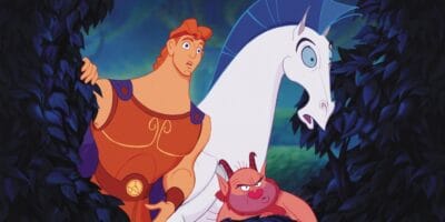 Hercules, Phil, and Pegasus look through bushes