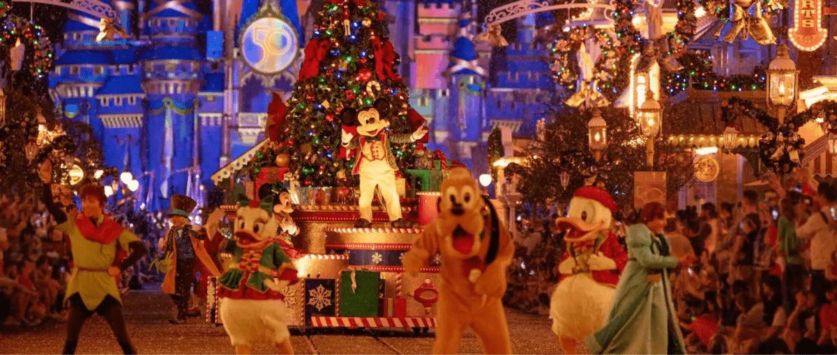 MIckey, pluto, peter pan, and other disney characters during Mickey’s Once Upon a Christmastime Parade