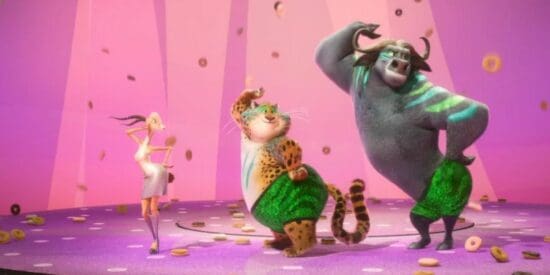 Gazelle (Shakira) Clawhauser (Nate Torrence) and Chief Bogo (Idris Elba) put on quite the show. Credit: Disney Animation Studios