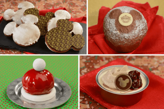 Cookies shapped like Mickey's head decorated with the Riveria logo, a muffin topped with the Riveria logo, a red dome cake in the shape of Santa's hat, a pudding topped with a Mickey head. 