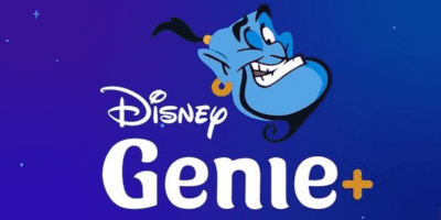 Logo for Disney Genie+ on a blue background with a winking Genie head from Aladdin.