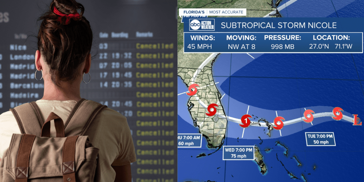 Left: A woman stares at a board full of canceled flights. Right: A forecast for the landfall of Tropical Storm Nicole.