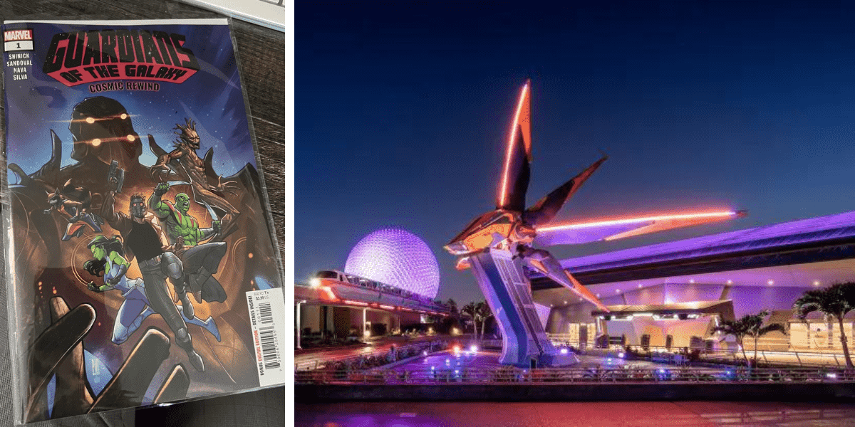 Left: A sealed copy of Guardians of the Galaxy: Cosmic Rewind #1. Right: Cosmic Rewind glows at night, with Spaceship Earth in the background.