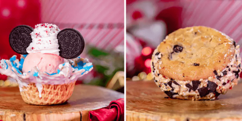 A sundae in a waffle bowl topped with oreos. Peppermint ice cream sandwiched between two cookies.
