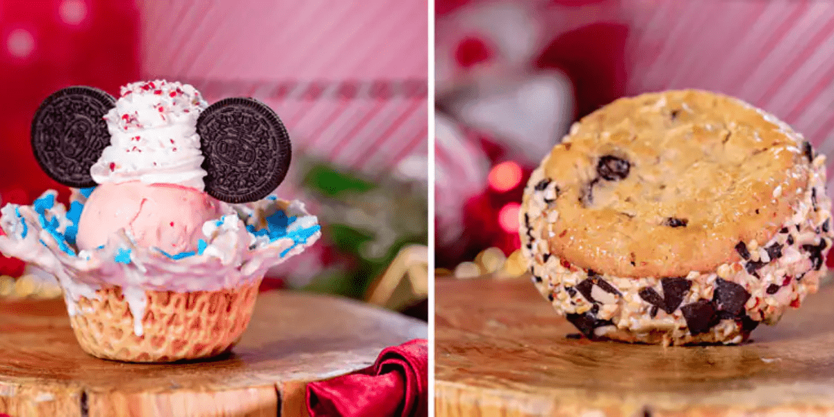 A sundae in a waffle bowl topped with oreos. Peppermint ice cream sandwiched between two cookies.