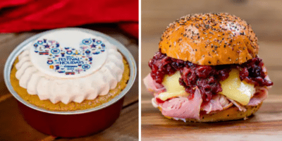 Left: A silver tin with a cake inside, topped with white icing and a blue Mickey Mouse head. Right: A turkey sandwich on a poppyseed bun, topped with white, melty cheese and red cranberry sauce.