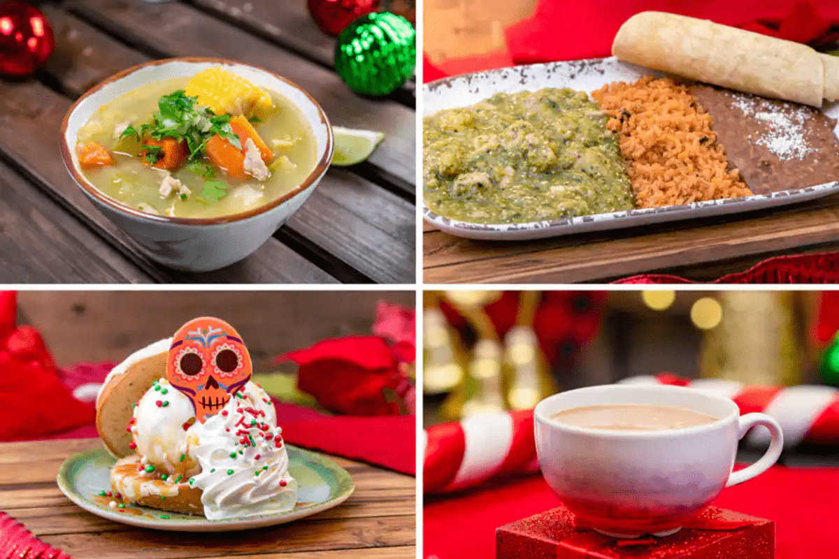 A chicken soup in a white bowl. Mexican rice, refried beans, and seasoned pork.A vanilla ice cream sandwich made on pan dulce with a skull decoration. A white ceramic mug filled with hot cocoa.