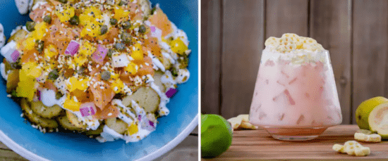 Bagel chips in a blue bowl, topped with lox, onions, and sour cream. A pink drink in a clear glass, topped with white cream and honeycomb cereal. 