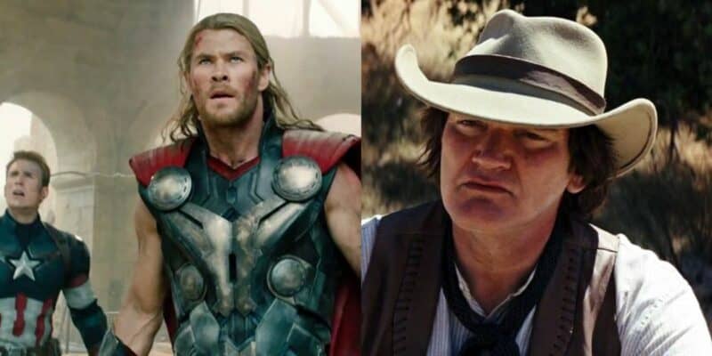 Chris Evans Captain America (left), Chris Hemsworth Thor (center) and Quentin Tarantino in Django Unchained (right)