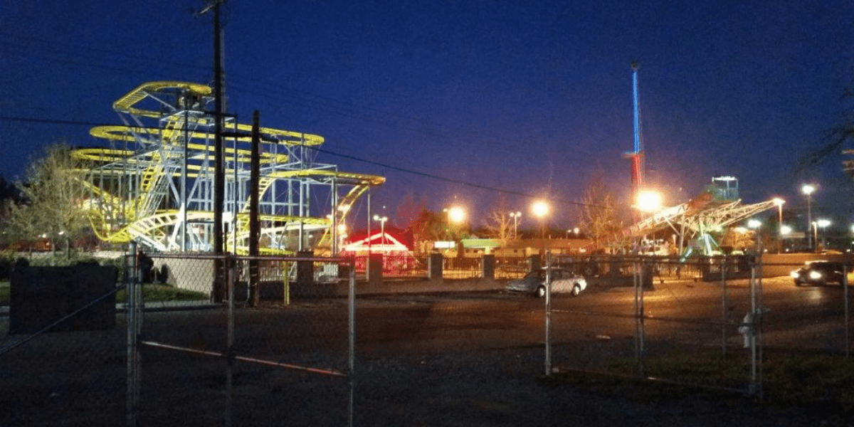 crazy dane roller coaster at night in Scandia fun center near Sacramento, Califorina