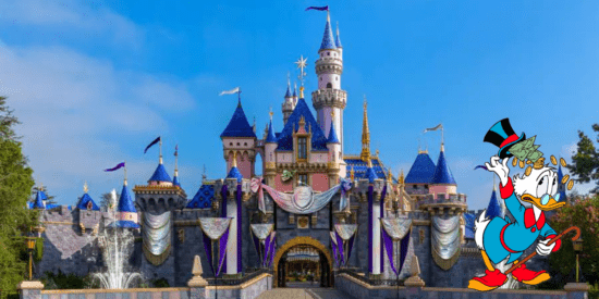 Scrooge McDuck in front of Disneyland castle