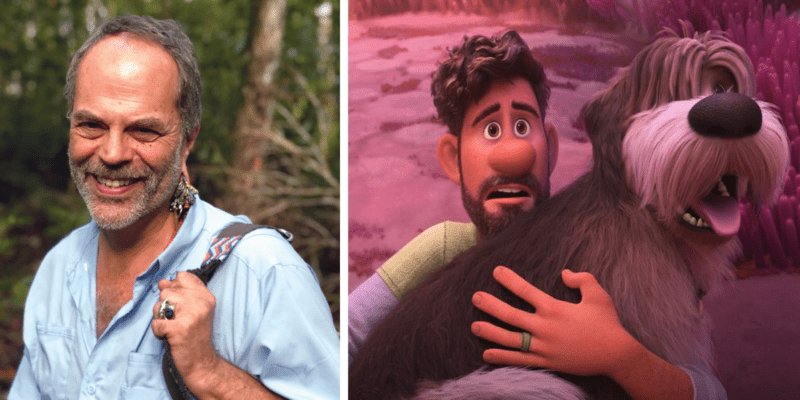 Left: Joe Rohde in a blue button up, holding a tan backpack strap on his shoulder. Right: Searcher holding his dog in front of a mysteriously pink biome in Disney's 'Strange World.'