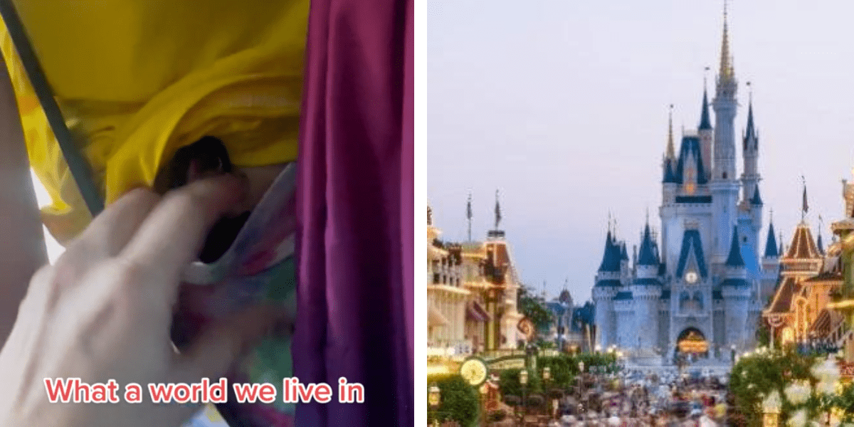 Left: A hand putting an airtag in the back of a child's yellow shirt. Right: Cinderella Castle as seen from Main Street at sunset.
