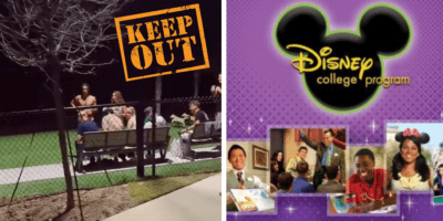 Left: A "KEEP OUT" graphic added onto a screenshot from a video in which students drink and smoke on a bench. Right: An advertisement for Disney College Program.