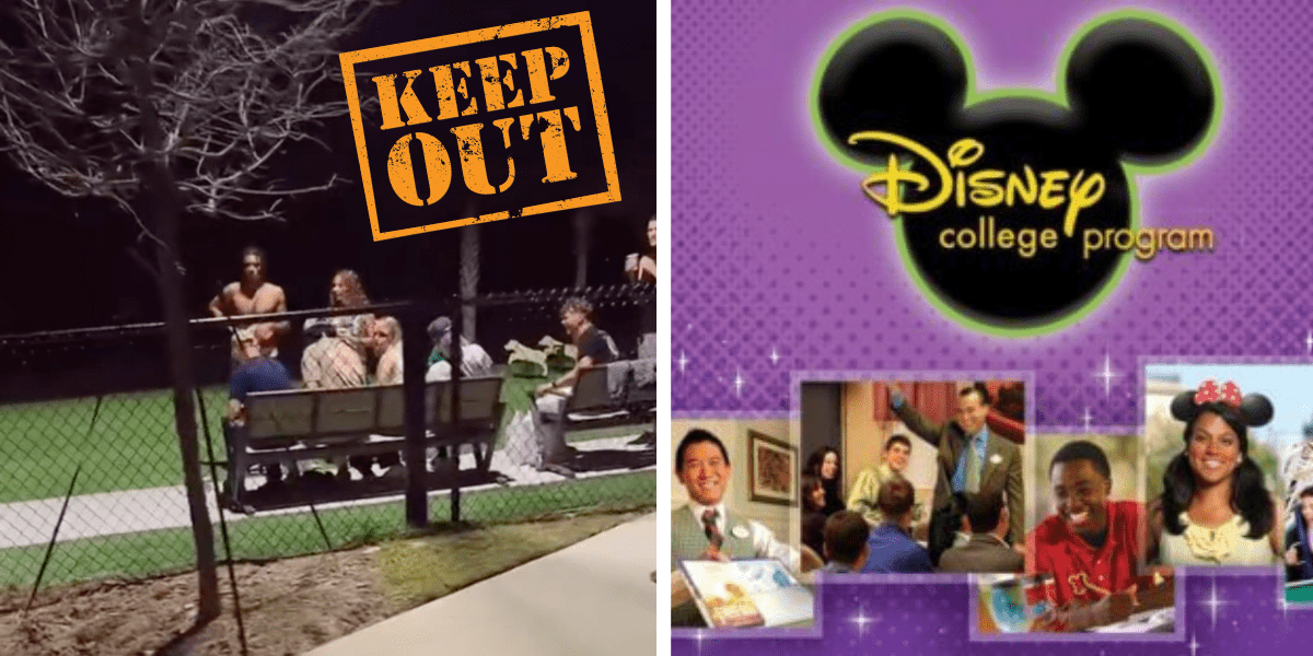 Left: A "KEEP OUT" graphic added onto a screenshot from a video in which students drink and smoke on a bench. Right: An advertisement for Disney College Program.