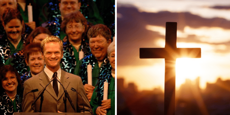 Left: Neil Patrick Harris in a gray suit, standing in front of a choir in green robes, as he narrates EPCOT's Candlelight Processional. Right: Sunlight beams on a wooden cross.