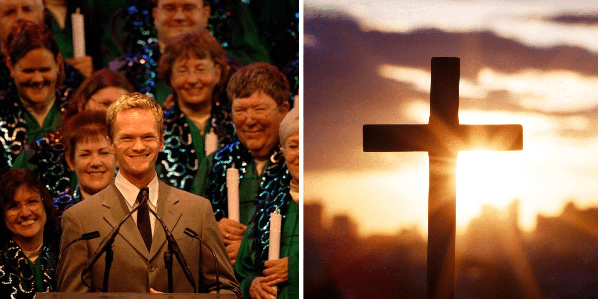 Left: Neil Patrick Harris in a gray suit, standing in front of a choir in green robes, as he narrates EPCOT's Candlelight Processional. Right: Sunlight beams on a wooden cross.