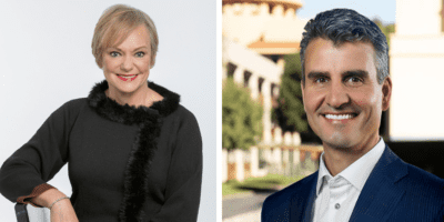 Left: Christine McCarthy poses on a chair in a black sweater. Right: Josh D'Amaro smiles in front of Disney Studios.