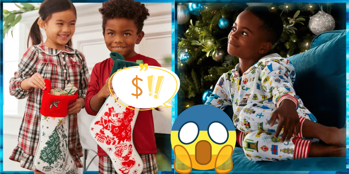 Children in Disney christmas pajamas, with a shocked emoji and a quote bubble that reads $!!