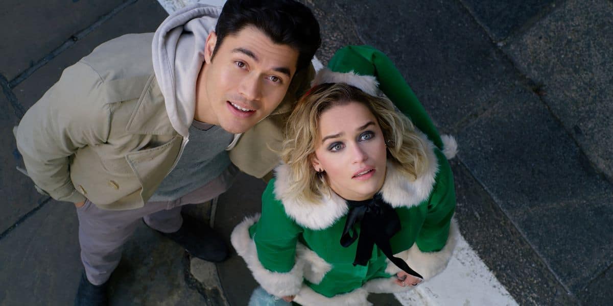Tom (Henry Golding) and Kate (Emilia Clarke) "looking up" in Last Christmas