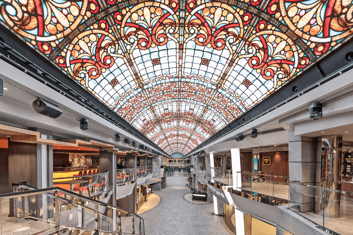 An interior shot of the Meraviglia, with a red stained glass roof.