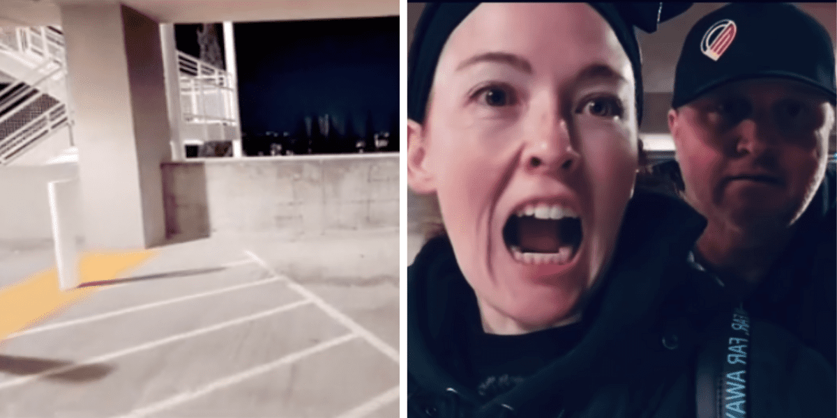 An empty parking garage spot, A woman and a man in a black hat speaking to a camera.