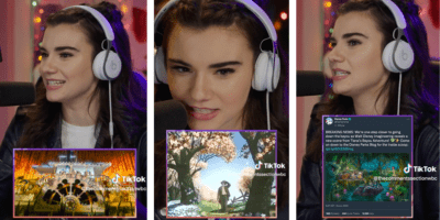 Brett Cooper speaking into a microphone about Splash Mountain.