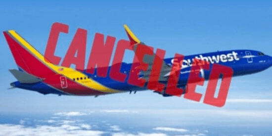 A southwest plane flies with text reading "CANCELLED" added over it.