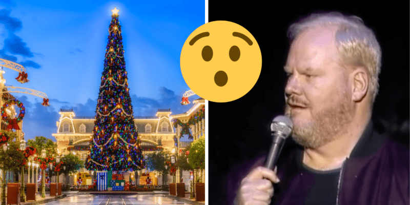 Jim Gaffigan talking into a microphone next to a photo of the Christmas tree on Main Street, USA at Magic Kingdom.