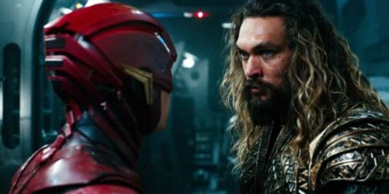 Ezra Miller as the Flash (L) and Jason Momoa as Aquaman (R)