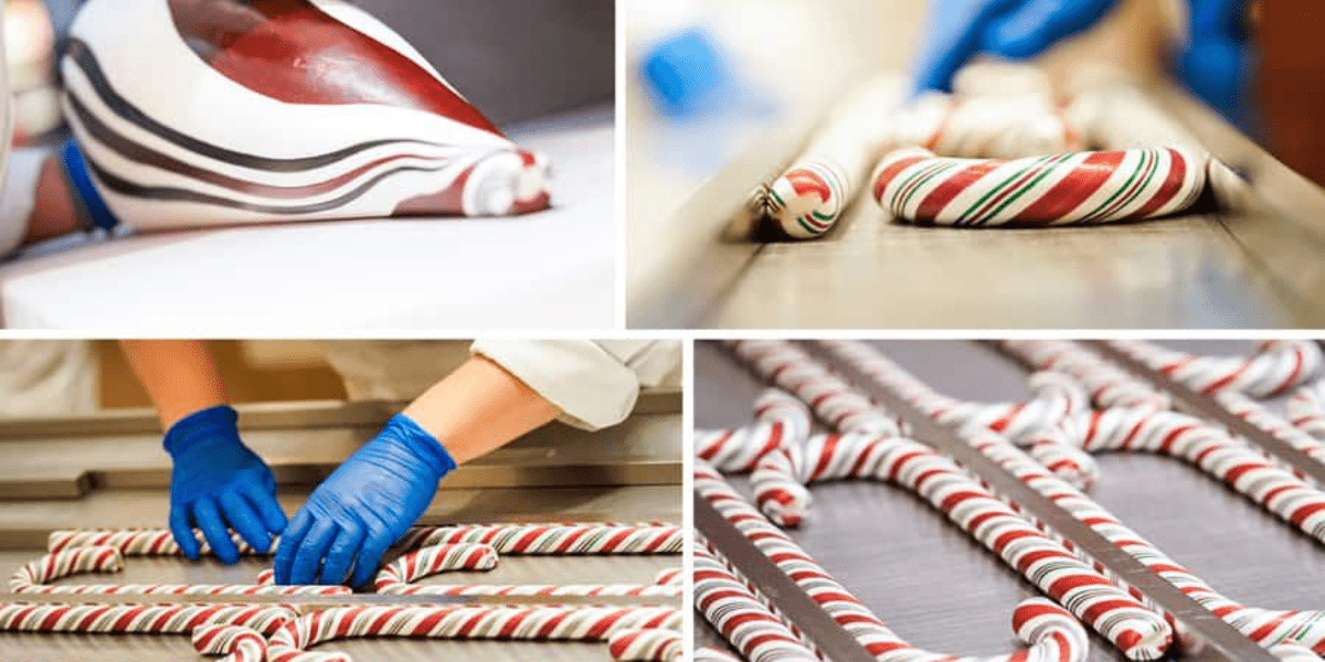 Close-up collage showing the making of candy canes: striped candy being shaped, cut, and formed into classic candy cane shapes by workers wearing blue gloves on a metal surface.