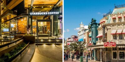 Left: A modern Starbucks entrance with wooden accents and steps. Right: A vibrant street scene reminiscent of Disney World's Paris Main Street, featuring colorful storefronts and vintage architecture under a clear sky, evoking a sense of wonder and nostalgia.
