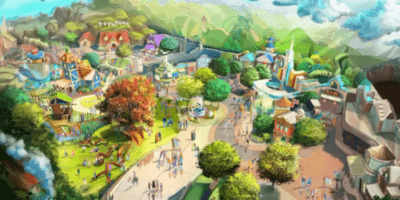 Concept Art from Mickey's Toontown at Disneyland Park featuring the new disney attraction, Mickey and Minnie's Runaway Railway